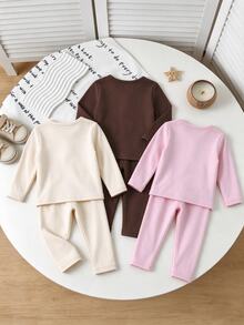 SHEIN 3套6件組 幼女上衣+長褲套裝 甜美粉色、棕色、奶油色 素色毛茸茸長袖圓領加厚款 適合冬季聖誕節與秋季假期 - 彩色 - 查看 2