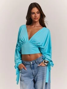 SHEIN BAE Women's Sexy Pink Blue Green V-Neck Long Sleeve Top - Mint Blue - View 5