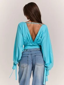 SHEIN BAE Women's Sexy Pink Blue Green V-Neck Long Sleeve Top - Mint Blue - View 2