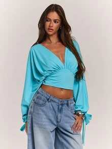 SHEIN BAE Women's Sexy Pink Blue Green V-Neck Long Sleeve Top - Mint Blue - View 1