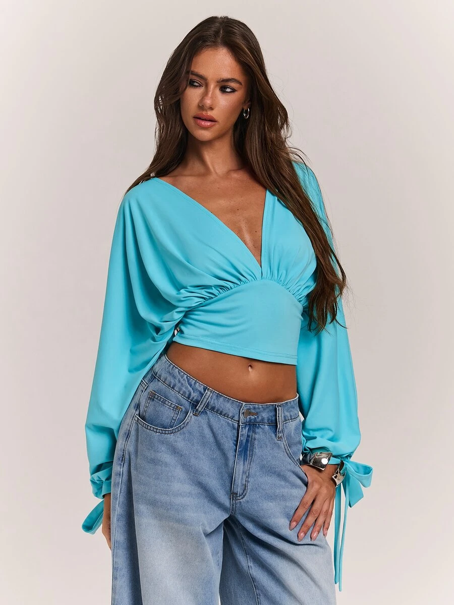 SHEIN BAE Women's Sexy Pink Blue Green V-Neck Long Sleeve Top - Mint Blue - View 1