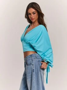 SHEIN BAE Women's Sexy Pink Blue Green V-Neck Long Sleeve Top - Mint Blue - View 6