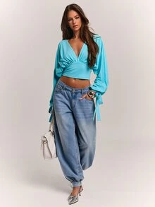 SHEIN BAE Women's Sexy Pink Blue Green V-Neck Long Sleeve Top - Mint Blue - View 4