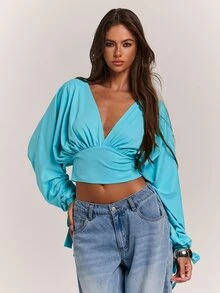 SHEIN BAE Women's Sexy Pink Blue Green V-Neck Long Sleeve Top - Mint Blue - View 7
