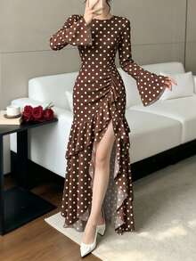 Modelyn French Style Beige Polka Dot Dark Brown Dress, Autumn/Summer Fashion Round Neck Flared Long Sleeve Ruched Waist Split Hem Ruffle Long Dress, Suitable For Casual Streetwear, Evening Party, Gathering, Formal Occasions - Multicolor - View 5
