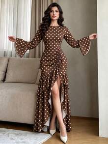 Modelyn French Style Beige Polka Dot Dark Brown Dress, Autumn/Summer Fashion Round Neck Flared Long Sleeve Ruched Waist Split Hem Ruffle Long Dress, Suitable For Casual Streetwear, Evening Party, Gathering, Formal Occasions - Multicolor - View 6