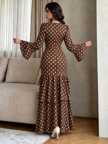Modelyn French Style Beige Polka Dot Dark Brown Dress, Autumn/Summer Fashion Round Neck Flared Long Sleeve Ruched Waist Split Hem Ruffle Long Dress, Suitable For Casual Streetwear, Evening Party, Gathering, Formal Occasions - Multicolor - View 2