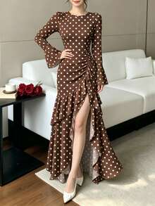 Modelyn French Style Beige Polka Dot Dark Brown Dress, Autumn/Summer Fashion Round Neck Flared Long Sleeve Ruched Waist Split Hem Ruffle Long Dress, Suitable For Casual Streetwear, Evening Party, Gathering, Formal Occasions - Multicolor - View 4