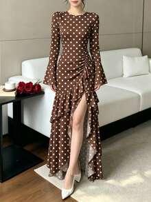 Modelyn French Style Beige Polka Dot Dark Brown Dress, Autumn/Summer Fashion Round Neck Flared Long Sleeve Ruched Waist Split Hem Ruffle Long Dress, Suitable For Casual Streetwear, Evening Party, Gathering, Formal Occasions - Multicolor - View 3