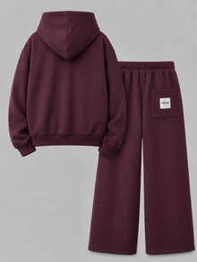 SHEIN Tween Girl Autumn/Winter Pink Sweatshirt Set, Long Sleeve Hooded Sweatshirt And Loose Casual Sweatpants Set - Red Violet - View 4