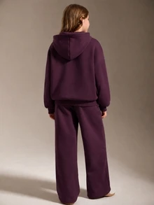 SHEIN Tween Girl Autumn/Winter Pink Sweatshirt Set, Long Sleeve Hooded Sweatshirt And Loose Casual Sweatpants Set - Red Violet - View 2