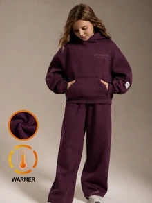 SHEIN Tween Girl Autumn/Winter Pink Sweatshirt Set, Long Sleeve Hooded Sweatshirt And Loose Casual Sweatpants Set - Red Violet - View 1
