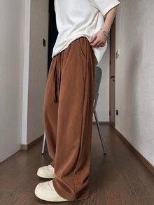 STEELVANCE Men's Solid Color Drawstring Waist Wide Leg Loose Casual Streetwear Pants Vacation Holiday Shades Of Brown Fall - Coffee Brown - View 3