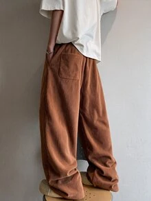 STEELVANCE Men's Solid Color Drawstring Waist Wide Leg Loose Casual Streetwear Pants Vacation Holiday Shades Of Brown Fall - Coffee Brown - View 2