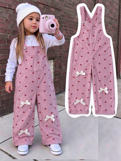 SHEIN Playful Pals Jumpsuit Overall Gaya Imut untuk Anak Perempuan, Musim Gugur/Musim Dingin, Desain Pita Aprikot Besar, Warna Pink, Potongan Longgar, Kaki Lurus, Bahan Korduroi