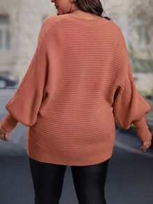 Linhara 女款大尺碼灰粉色V領華夫格針織套頭毛衣，燈籠長袖素色休閒寬鬆針織上衣，冬季款 - 粉色 - 查看 2