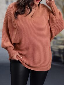 Linhara 女款大尺碼灰粉色V領華夫格針織套頭毛衣，燈籠長袖素色休閒寬鬆針織上衣，冬季款 - 粉色 - 查看 4