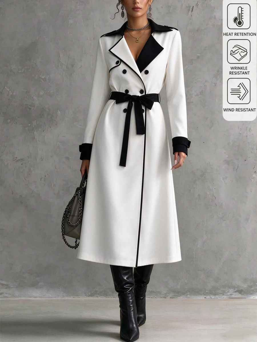 Elenzga Women's Black And White Contrast Collar Double-Breasted Cinched Waist Elegant Trench Coat,Fall Winter Long Sleeve Office Commute French Style Fashion - Multicolor - View 1