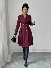 Elenzga 女士双排扣翻领优雅休闲街头通勤商务浪漫约会派对圣诞外套，酒红色，秋冬款 - 酒紅色 - 查看 5