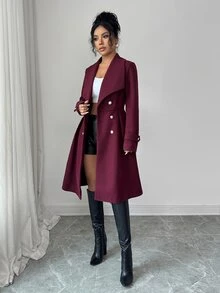 Elenzga 女士双排扣翻领优雅休闲街头通勤商务浪漫约会派对圣诞外套，酒红色，秋冬款 - 酒紅色 - 查看 9