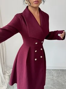Elenzga 女士双排扣翻领优雅休闲街头通勤商务浪漫约会派对圣诞外套，酒红色，秋冬款 - 酒紅色 - 查看 6