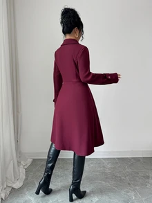 Elenzga 女士双排扣翻领优雅休闲街头通勤商务浪漫约会派对圣诞外套，酒红色，秋冬款 - 酒紅色 - 查看 2