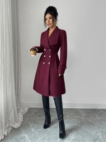 Elenzga 女士双排扣翻领优雅休闲街头通勤商务浪漫约会派对圣诞外套，酒红色，秋冬款 - 酒紅色 - 查看 4