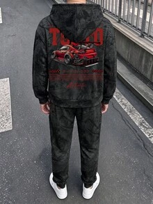 青少年男孩休閒極簡長袖連帽舒適衛衣2件套，適合秋冬，經典帥氣酷感乾枯樹枝與落葉塗鴉印花，帥氣賽車印花，背後圖案印花，適合街頭穿搭 - 彩色 - 查看 1