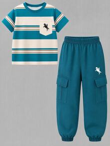 2pcs Set Tween Boys Striped Horse Logo Print Pattern Blue White Brown Stripes Versatile Fashion Comfortable Crew Neck T-Shirt Blue Cuffed Cargo Pants Short Sleeve Outfit Suitable For All Seasons - Multicolor - View 2