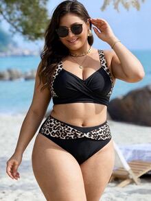 SHEIN Swim 2026新款大尺碼女款兩件套黑色V領上衣搭配高腰印花腰帶長褲，海灘度假夏季假期穿搭，派對性感優雅 - 彩色 - 查看 2