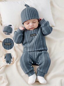 SHEIN Baby Knitted Round Neck Long Sleeved Regular Slim Fit Comfortable Jumpsuit Autumn Fall Style - Dusty Blue - View 3
