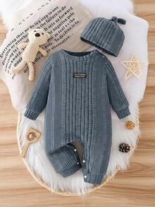 SHEIN Baby Knitted Round Neck Long Sleeved Regular Slim Fit Comfortable Jumpsuit Autumn Fall Style - Dusty Blue - View 4