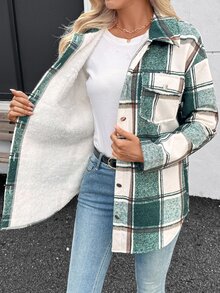 EMERY ROSE Women's Plaid Minimalist Casual Warm Long Sleeve Jacket Hiking Camping Green And White Autumn - Dark Green - View 8