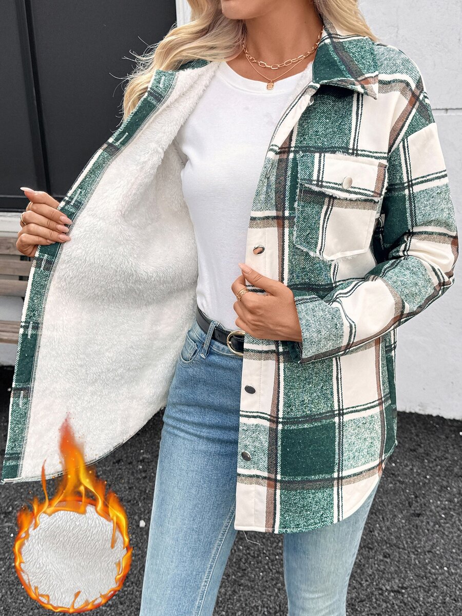 EMERY ROSE Women's Plaid Minimalist Casual Warm Long Sleeve Jacket Hiking Camping Green And White Autumn - Dark Green - View 1