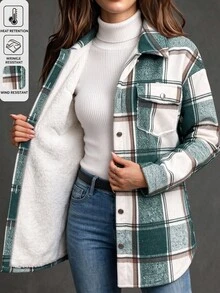 EMERY ROSE Women's Plaid Minimalist Casual Warm Long Sleeve Jacket Hiking Camping Green And White Autumn - Dark Green - View 3