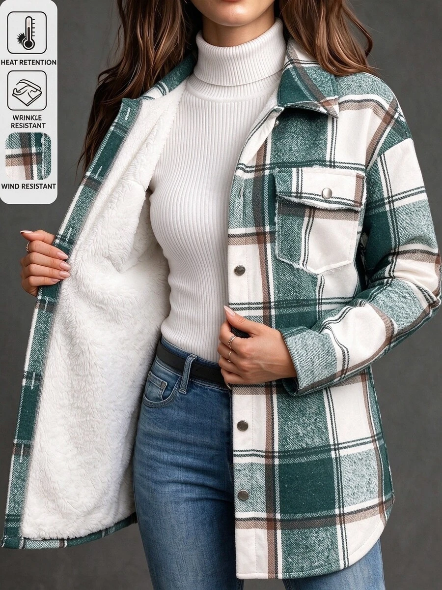 EMERY ROSE Women's Plaid Minimalist Casual Warm Long Sleeve Jacket Hiking Camping Green And White Autumn - Dark Green - View 1
