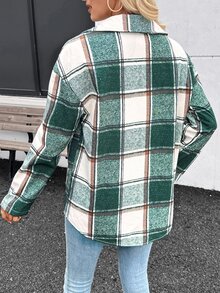 EMERY ROSE Women's Plaid Minimalist Casual Warm Long Sleeve Jacket Hiking Camping Green And White Autumn - Dark Green - View 2