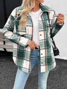 EMERY ROSE Women's Plaid Minimalist Casual Warm Long Sleeve Jacket Hiking Camping Green And White Autumn - Dark Green - View 7