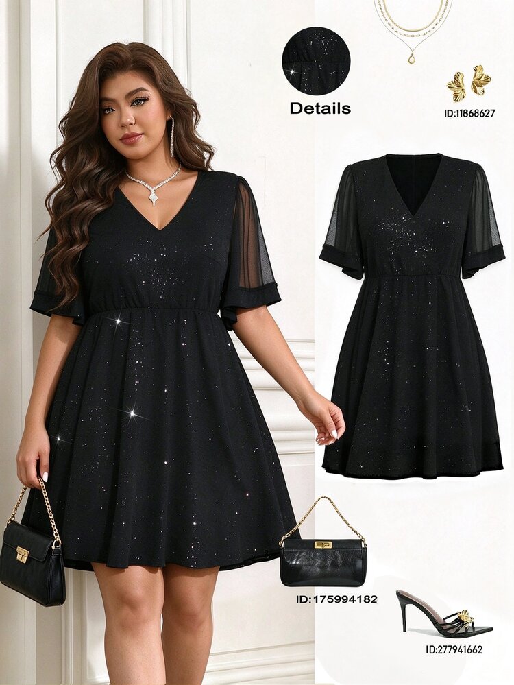 Femmeverse Plus Size Summer Elegant V-Neck Mesh Contrast Dress, Suitable For Gathering - Black - View 1