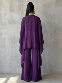 BamGlimmer 女款深紫色兩件套，V領長袖不對稱下擺上衣搭配長褲，秋季休閒優雅度假風，Al-Adha 度假風 - 綠色 - 查看 3
