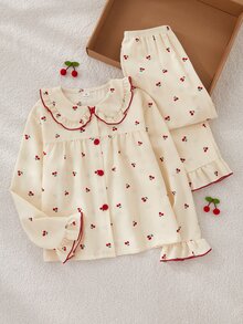 Sweet Girl Style Girls' Pajama Set, Apricot Base With Red Cherry Print, Long Sleeve Cardigan Top With Iconic Peter Pan Collar And Long Pants, Ruffle Design On Collar, Cuffs And Hem With Delicate Red Piping, Casual And Comfortable 2 Pieces Loungewear - Apricot - View 6