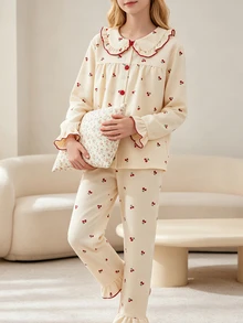 Sweet Girl Style Girls' Pajama Set, Apricot Base With Red Cherry Print, Long Sleeve Cardigan Top With Iconic Peter Pan Collar And Long Pants, Ruffle Design On Collar, Cuffs And Hem With Delicate Red Piping, Casual And Comfortable 2 Pieces Loungewear - Apricot - View 5