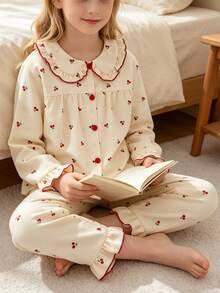 Sweet Girl Style Girls' Pajama Set, Apricot Base With Red Cherry Print, Long Sleeve Cardigan Top With Iconic Peter Pan Collar And Long Pants, Ruffle Design On Collar, Cuffs And Hem With Delicate Red Piping, Casual And Comfortable 2 Pieces Loungewear - Apricot - View 2