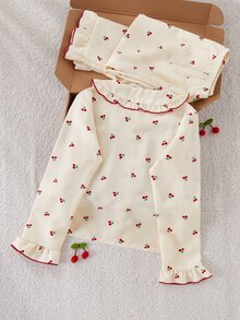 Sweet Girl Style Girls' Pajama Set, Apricot Base With Red Cherry Print, Long Sleeve Cardigan Top With Iconic Peter Pan Collar And Long Pants, Ruffle Design On Collar, Cuffs And Hem With Delicate Red Piping, Casual And Comfortable 2 Pieces Loungewear - Apricot - View 3