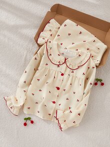 Sweet Girl Style Girls' Pajama Set, Apricot Base With Red Cherry Print, Long Sleeve Cardigan Top With Iconic Peter Pan Collar And Long Pants, Ruffle Design On Collar, Cuffs And Hem With Delicate Red Piping, Casual And Comfortable 2 Pieces Loungewear - Apricot - View 7