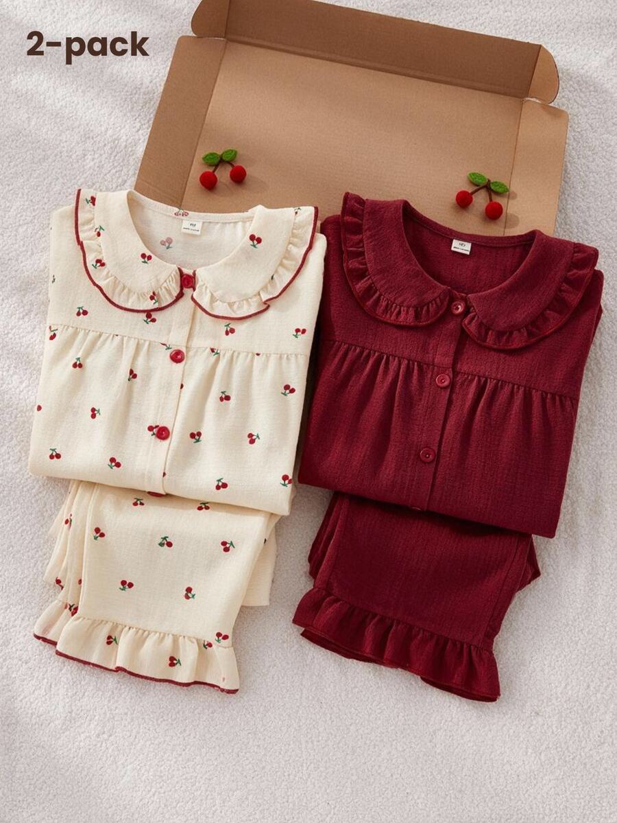 Sweet Girl Style Girls' Pajama Set, Apricot Base With Red Cherry Print, Long Sleeve Cardigan Top With Iconic Peter Pan Collar And Long Pants, Ruffle Design On Collar, Cuffs And Hem With Delicate Red Piping, Casual And Comfortable 2 Pieces Loungewear - Apricot - View 1