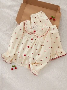 Sweet Girl Style Girls' Pajama Set, Apricot Base With Red Cherry Print, Long Sleeve Cardigan Top With Iconic Peter Pan Collar And Long Pants, Ruffle Design On Collar, Cuffs And Hem With Delicate Red Piping, Casual And Comfortable 2 Pieces Loungewear - Apricot - View 8