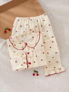 Sweet Girl Style Girls' Pajama Set, Apricot Base With Red Cherry Print, Long Sleeve Cardigan Top With Iconic Peter Pan Collar And Long Pants, Ruffle Design On Collar, Cuffs And Hem With Delicate Red Piping, Casual And Comfortable 2 Pieces Loungewear - Apricot - View 9
