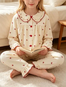 Sweet Girl Style Girls' Pajama Set, Apricot Base With Red Cherry Print, Long Sleeve Cardigan Top With Iconic Peter Pan Collar And Long Pants, Ruffle Design On Collar, Cuffs And Hem With Delicate Red Piping, Casual And Comfortable 2 Pieces Loungewear - Apricot - View 4