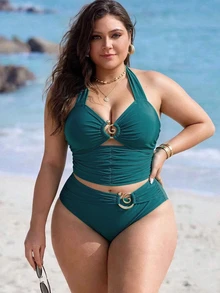 SHEIN Swim Curve 大尺碼女款 2 件組 藍綠色鏤空多層荷葉邊露背優雅性感時尚掛脖式分體式泳衣套裝，適合夏季海灘度假派對 - 綠色 - 查看 1